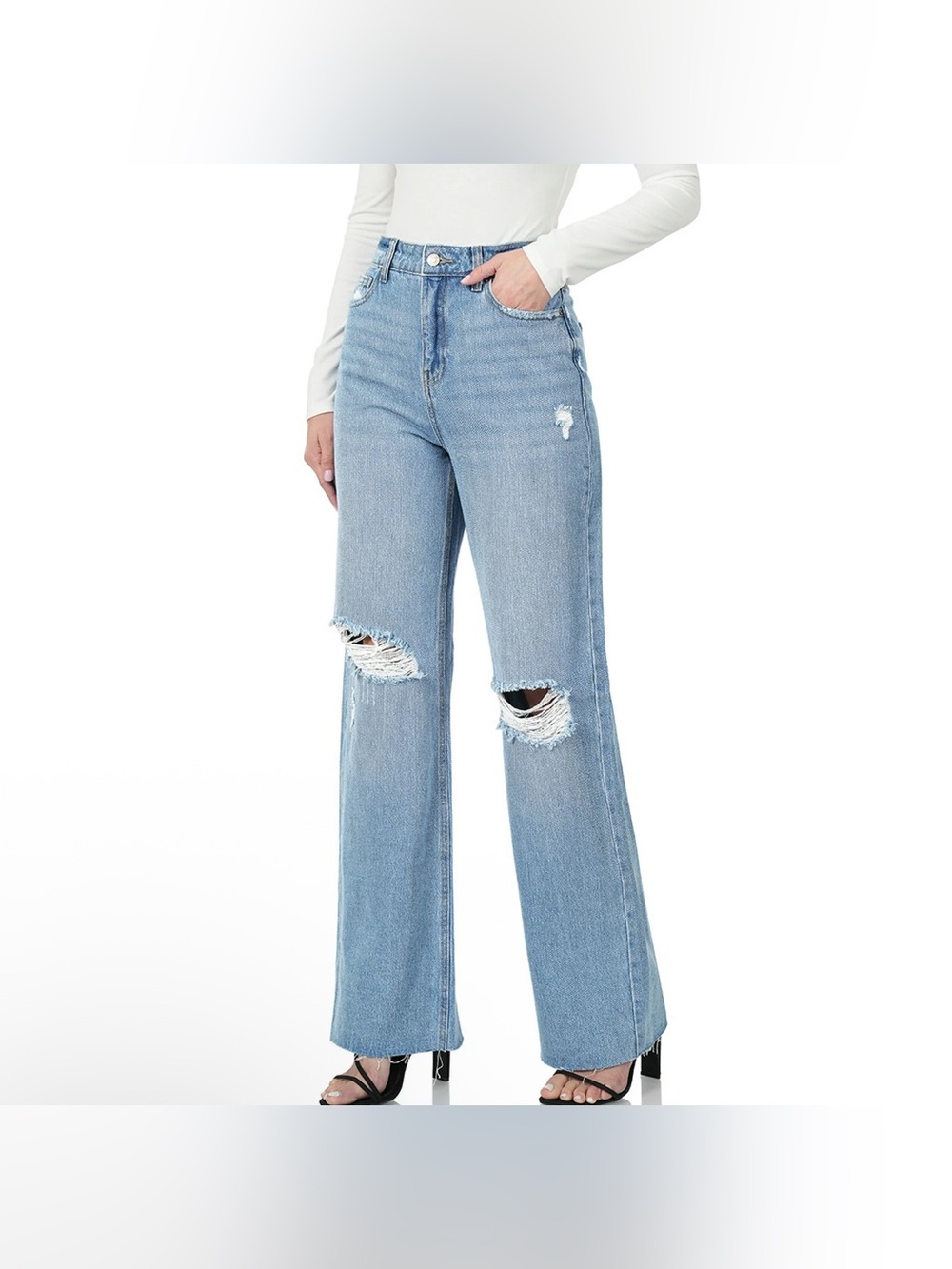 Zenana Women's High Rise Destroyed Raw Hem Straight Leg Denim Pants Sz 26